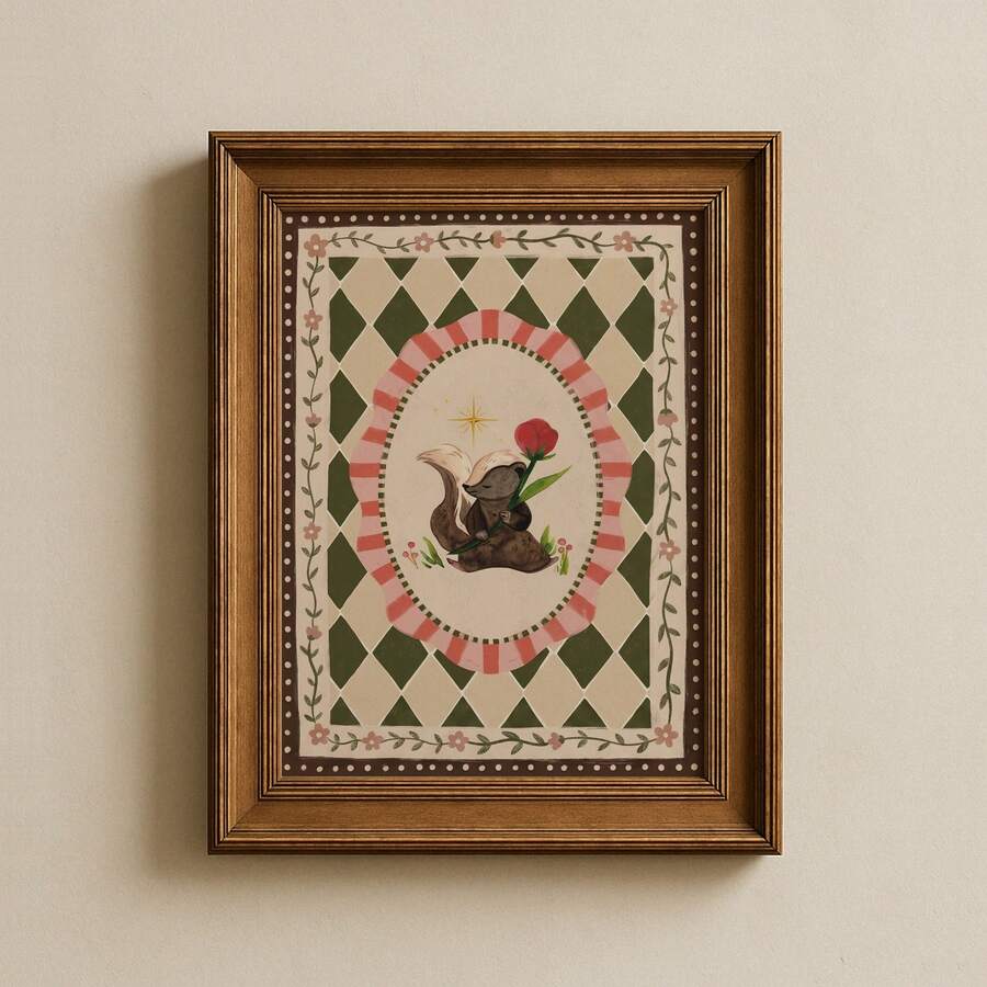 canvas option view of Whimsical woodland canvas wall art showing a cute skunk holding a red flower with golden star, floral vines and vintage harlequin pattern.