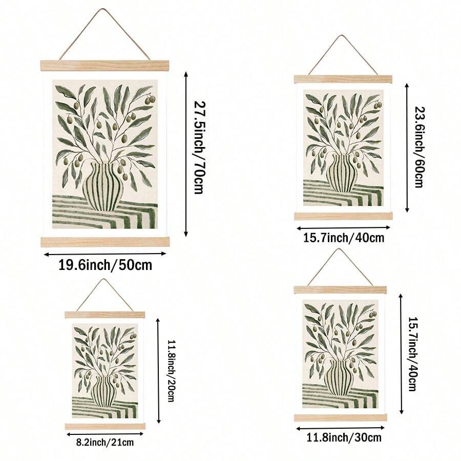 Size chart for green olive botanical hanging poster with wood rails and four size options