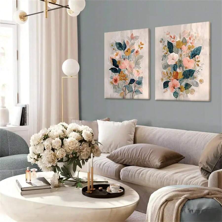 Watercolor floral canvas wall art set with pastel wildflowers