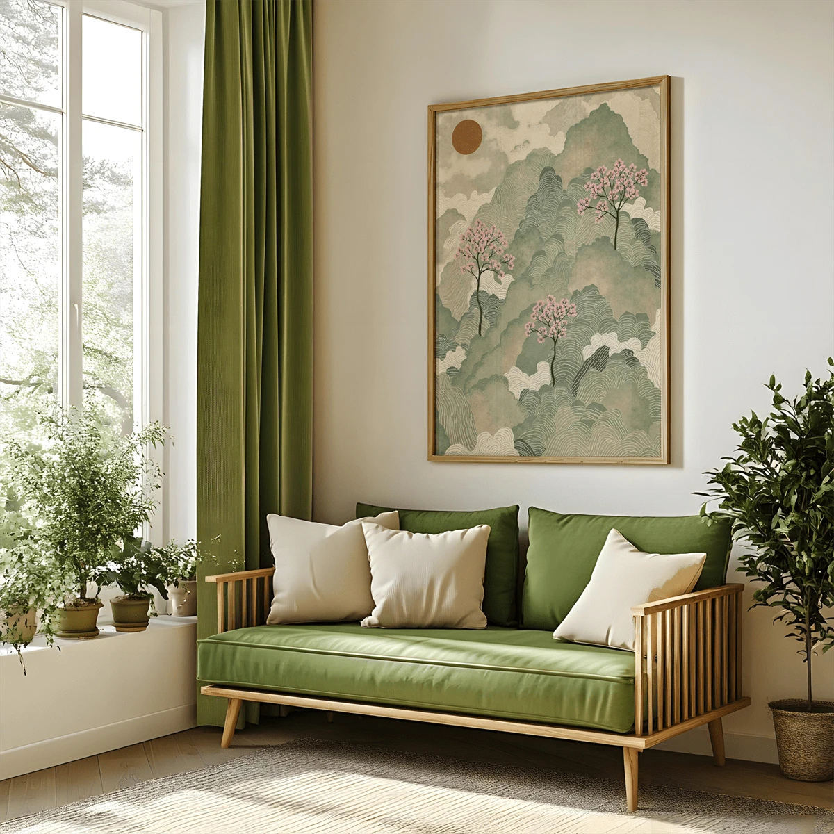 Sage green Japanese landscape wall art above a blue living room sofa