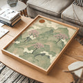Japanese watercolor landscape wall art displayed in a wood tray frame above sofa