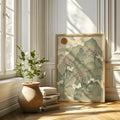 Sage green mountain and wave canvas poster styled in a classic reading room