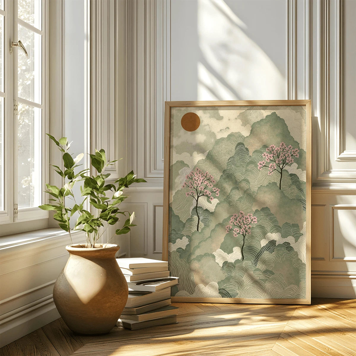 Sage green mountain and wave canvas poster styled in a classic reading room