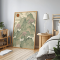 Calm Japanese mountain landscape canvas poster displayed in a minimalist bedroom