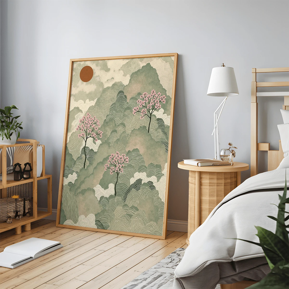 Calm Japanese mountain landscape canvas poster displayed in a minimalist bedroom