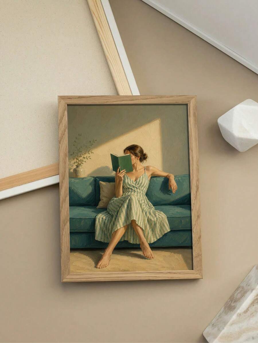 Close view framed painting of woman reading book on teal couch