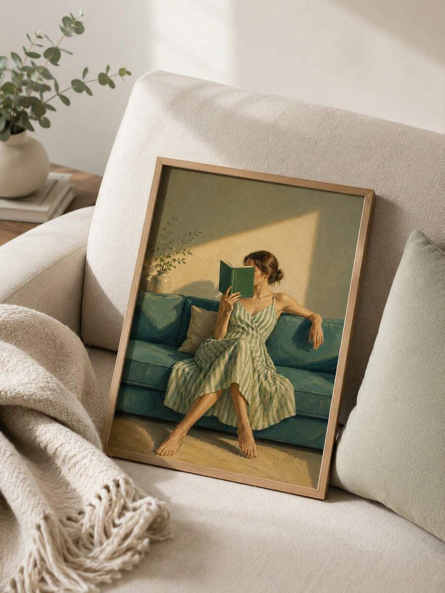 Framed wall art of woman reading on teal sofa displayed in cozy bedroom
