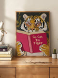 Whimsical animal canvas art with orange striped tiger cream background and olive green accents