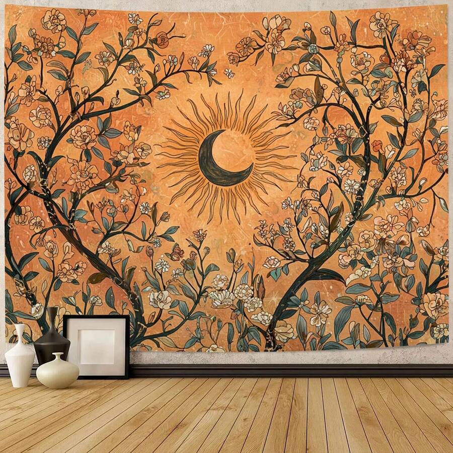 Vintage orange sun and moon tapestry with crescent moon flowering branches and botanical pattern