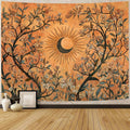 Crescent moon wall hanging displayed above sofa in warm boho living room