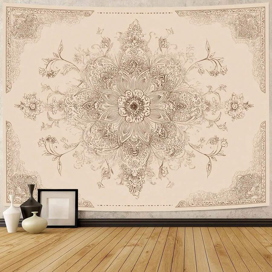 Neutral floral mandala tapestry with beige vintage line art pattern