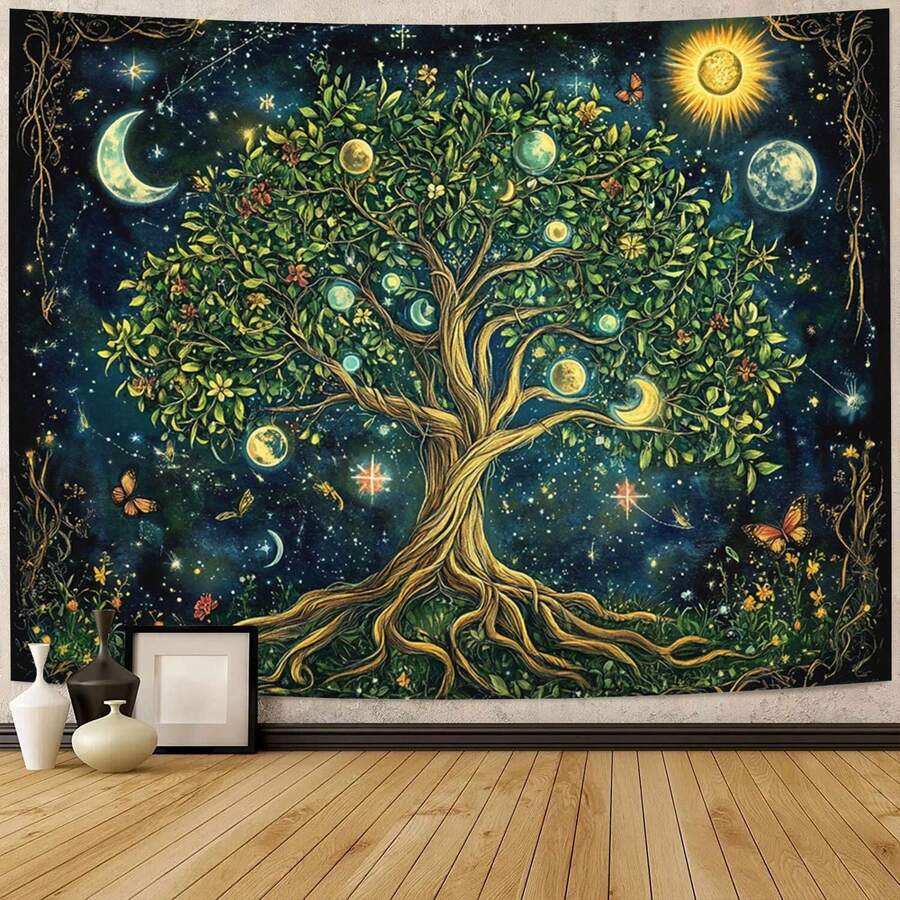 Celestial tree wall hanging displayed above sofa with deep navy and gold mystical art