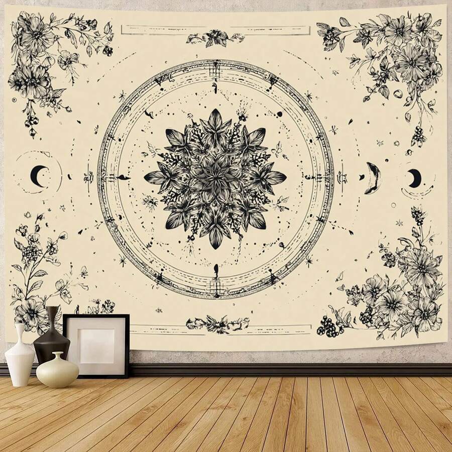 Cream and black celestial chart tapestry with moon phases floral mandala and stars