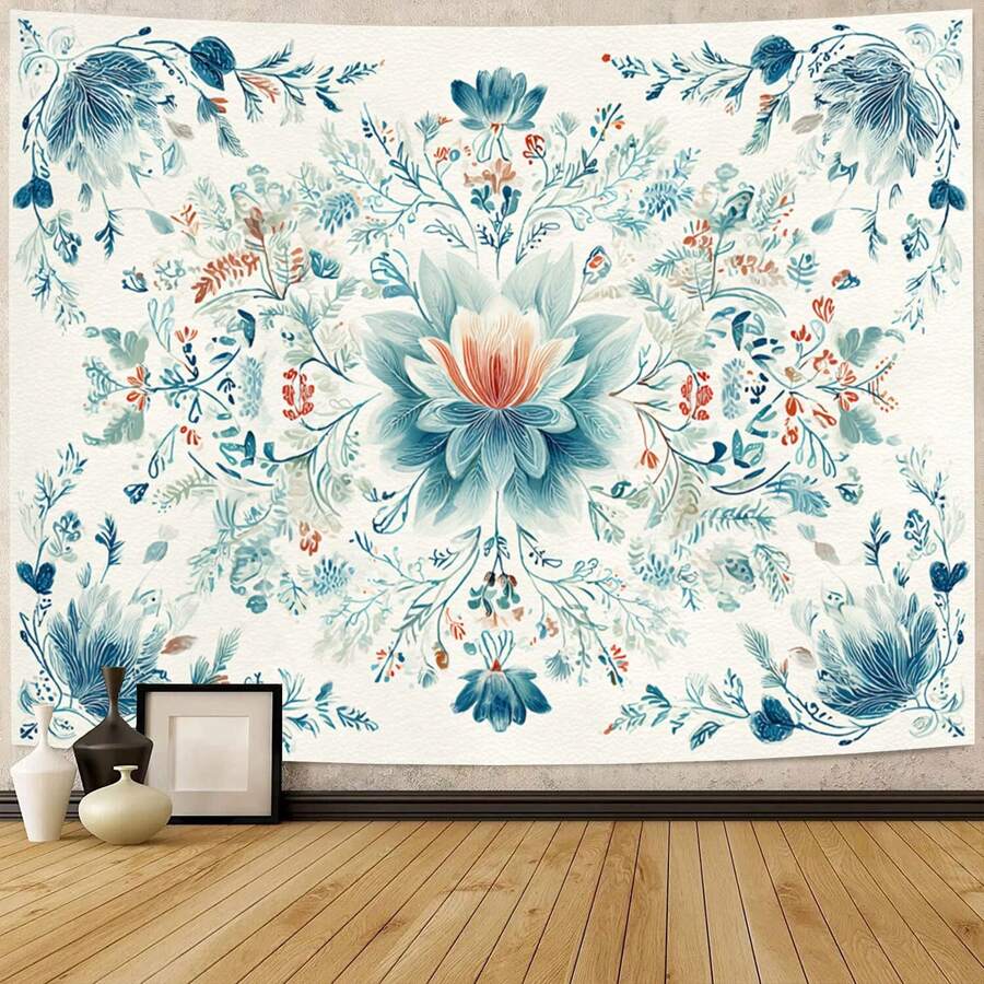 Blue floral mandala tapestry with teal aqua ivory and coral botanical details