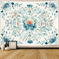 Blue floral mandala tapestry with teal aqua ivory and coral botanical details