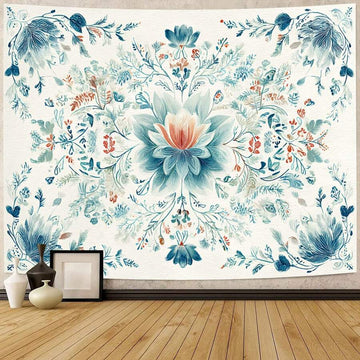 Blue floral mandala tapestry with teal aqua ivory and coral botanical details