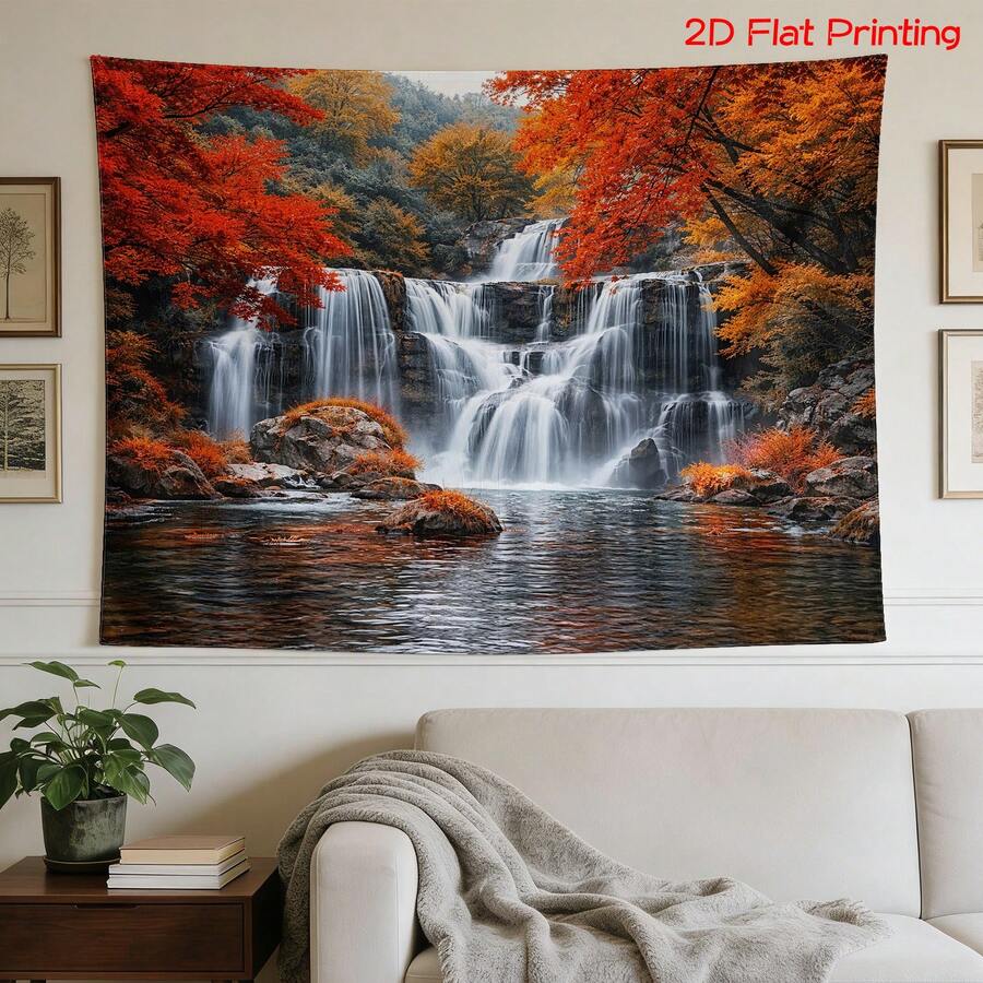 Autumn waterfall nature tapestry with red maple forest and cascading river wall hanging