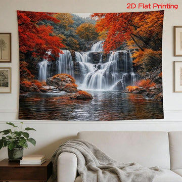 Autumn waterfall nature tapestry with red maple forest and cascading river wall hanging