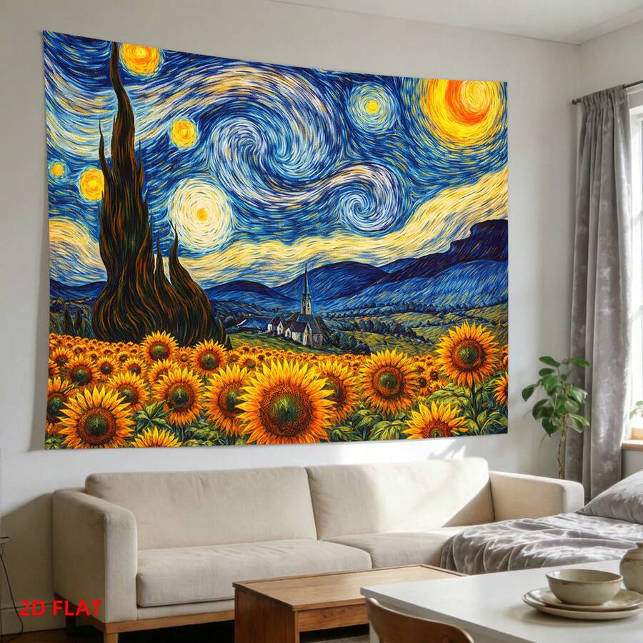 Van Gogh Starry Night sunflower tapestry above beige sofa