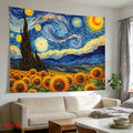 Van Gogh Starry Night sunflower tapestry above beige sofa
