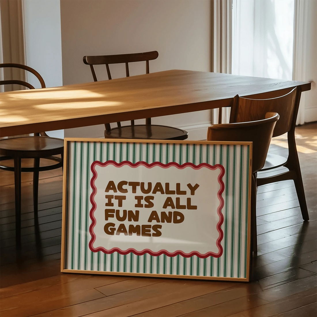 Retro typography canvas poster with fun and games phrase green waves and red accent