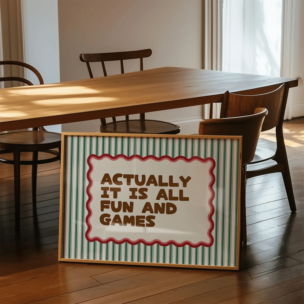 Striped graphic wall art print with brown tan cream and green retro typography