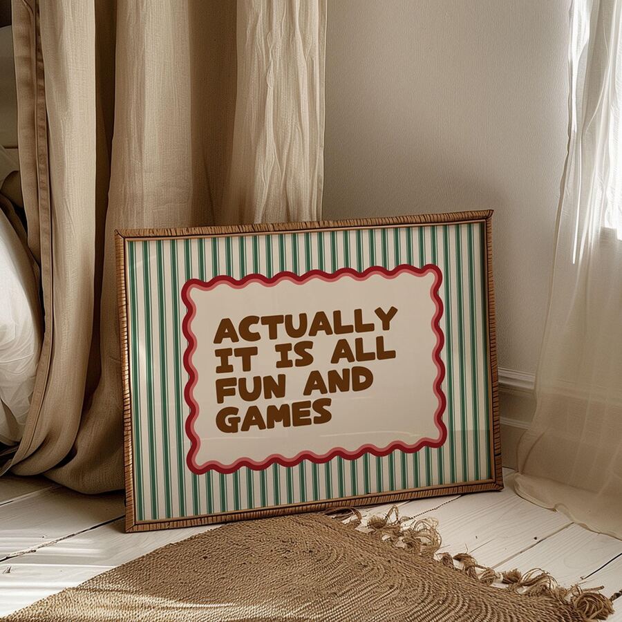 Striped fun and games wall art displayed in a bright room with soft curtains