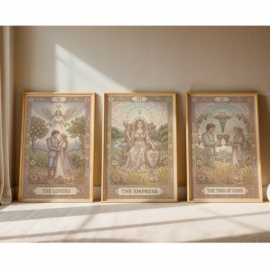 Set of three vintage tarot posters The Lovers The Empress and The Two of Cups in pastel frames