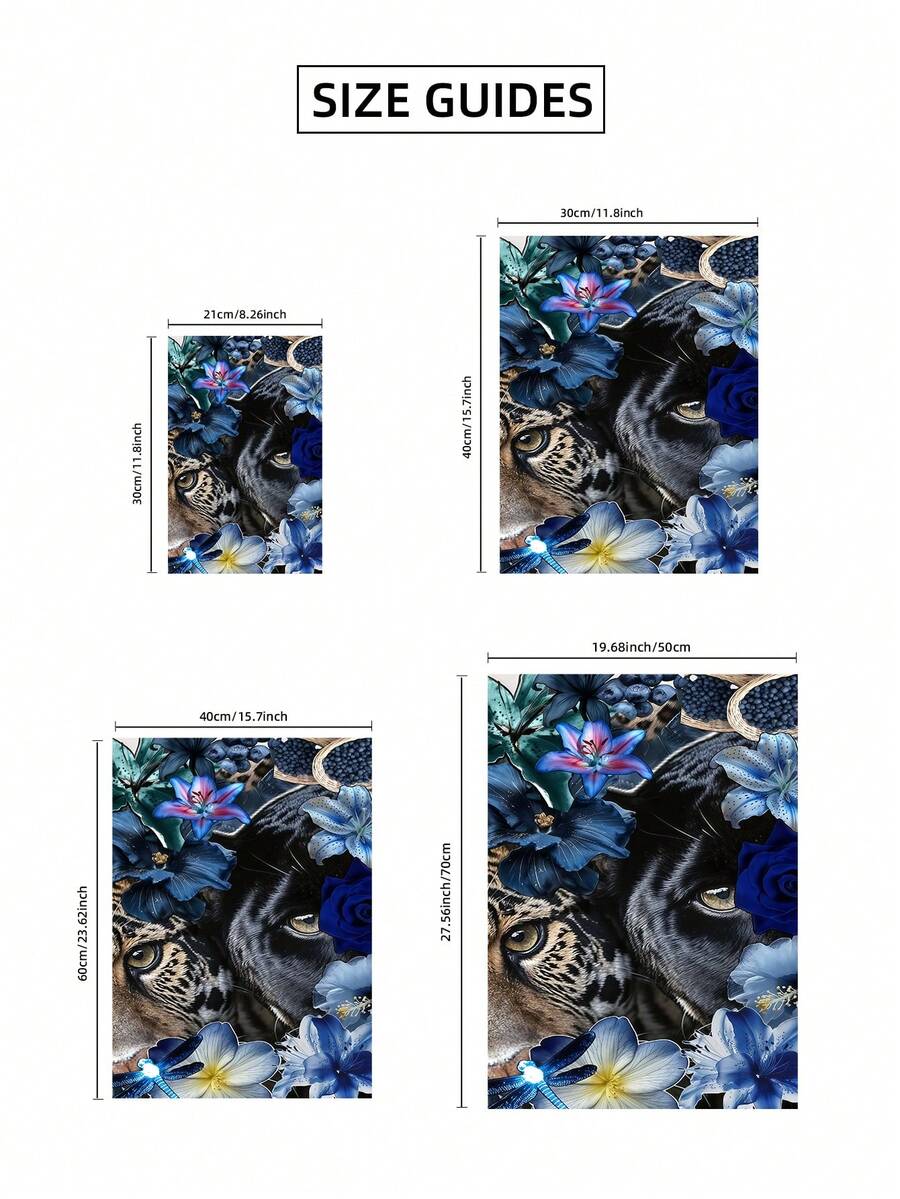 Size guide for leopard and black panther floral canvas poster from 21 by 30 to 50 by 70 centimeters