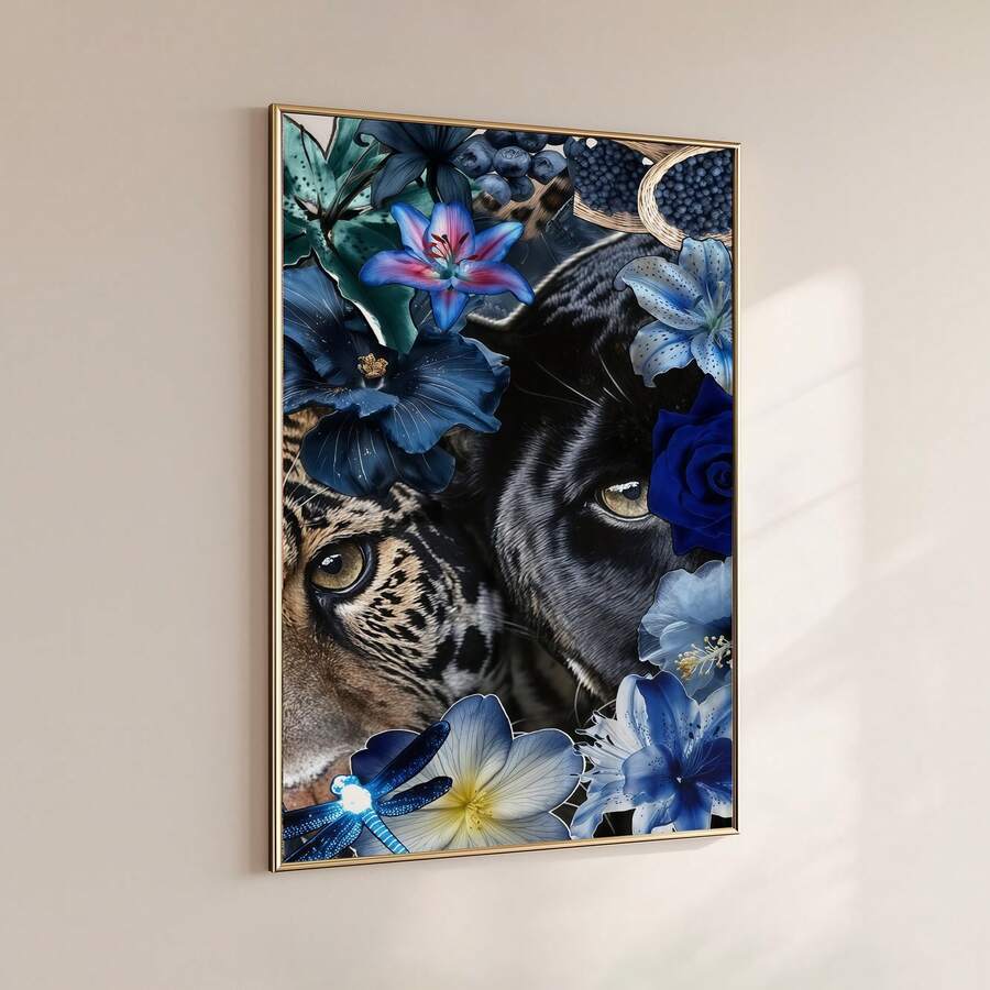 Gold-framed leopard and black panther floral wall art on a minimal beige wall