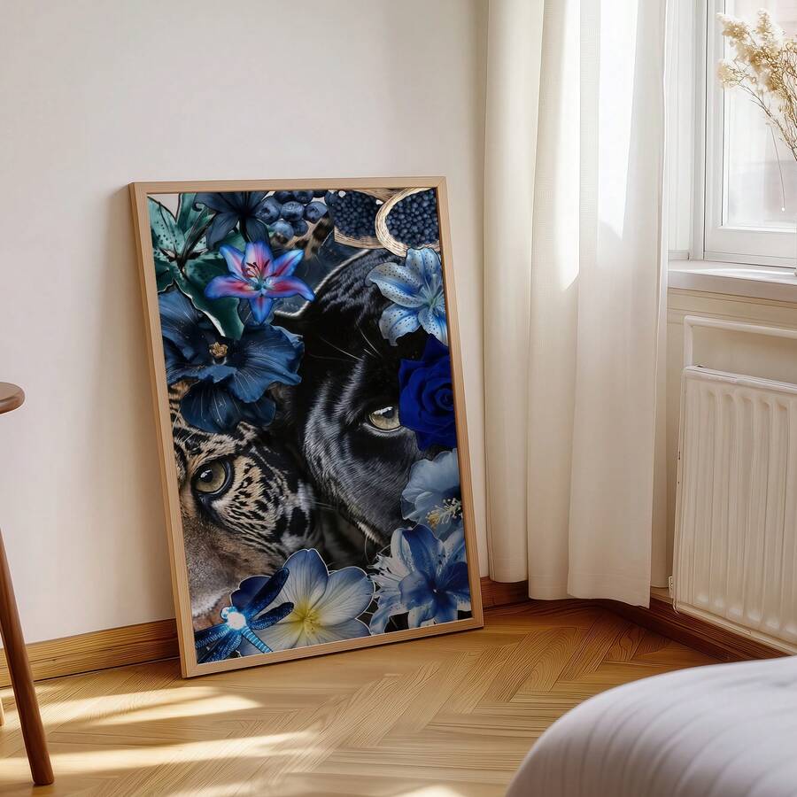 Framed leopard and black panther floral canvas print leaning beside a cabinet in an eclectic dining room