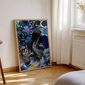 Y2K leopard and panther canvas poster leaning by curtains in a sunlit bedroom corner