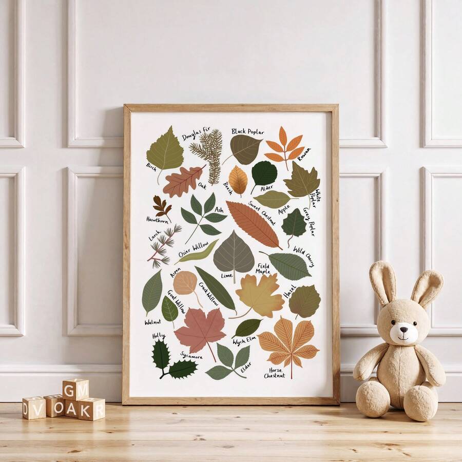 front framed view of Framed botanical wall art showing illustrated tree leaves as a labeled species guide with cream background, olive greens and vintage nature chart styling.