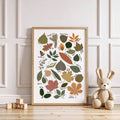 front framed view of Framed botanical wall art showing illustrated tree leaves as a labeled species guide with cream background, olive greens and vintage nature chart styling.
