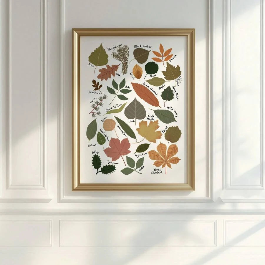 room mockup view of Framed botanical wall art showing illustrated tree leaves as a labeled species guide with cream background, olive greens and vintage nature chart styling.