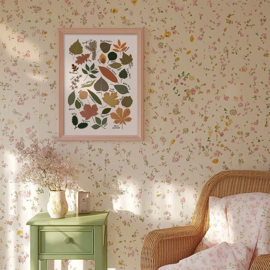 frame option view of Framed botanical wall art showing illustrated tree leaves as a labeled species guide with cream background, olive greens and vintage nature chart styling.