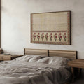 Horizontal folk floral wall art above bedroom bed