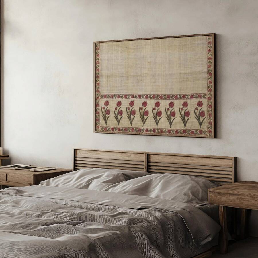Horizontal folk floral wall art above bedroom bed