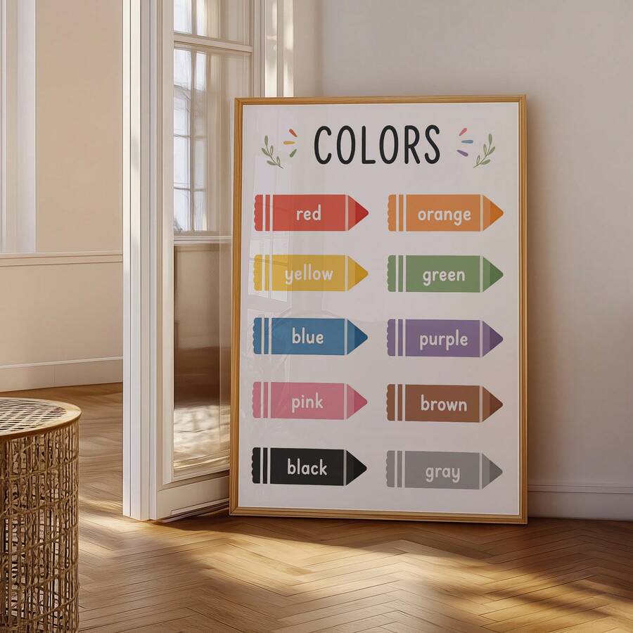 frame option view of Educational kids wall art showing a COLORS learning chart with labeled crayon icons in red, orange, yellow, green, blue, purple, pink, brown, black and gray.