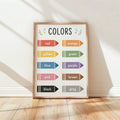 close-up artwork detail of Educational kids wall art showing a COLORS learning chart with labeled crayon icons in red, orange, yellow, green, blue, purple, pink, brown, black and gray.