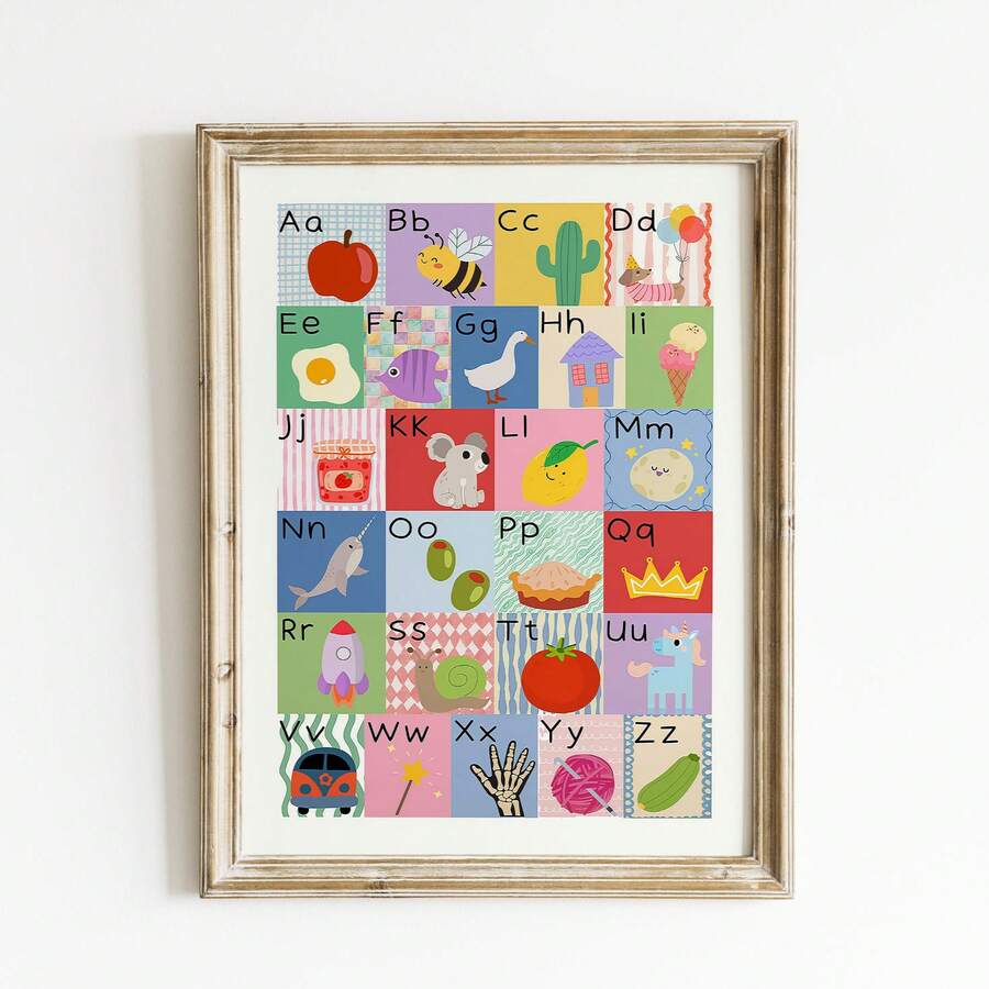 Nursery wall art straight front view with cute A to Z objects animals and wood frame