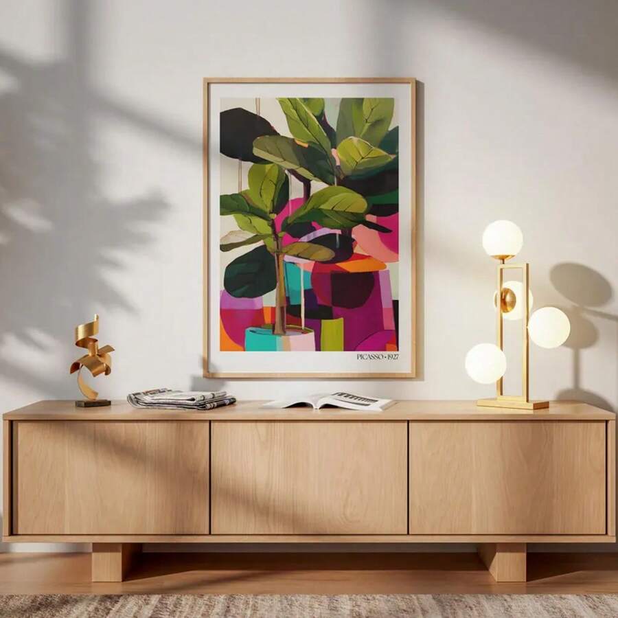 Colorful framed indoor plant wall art on wood console