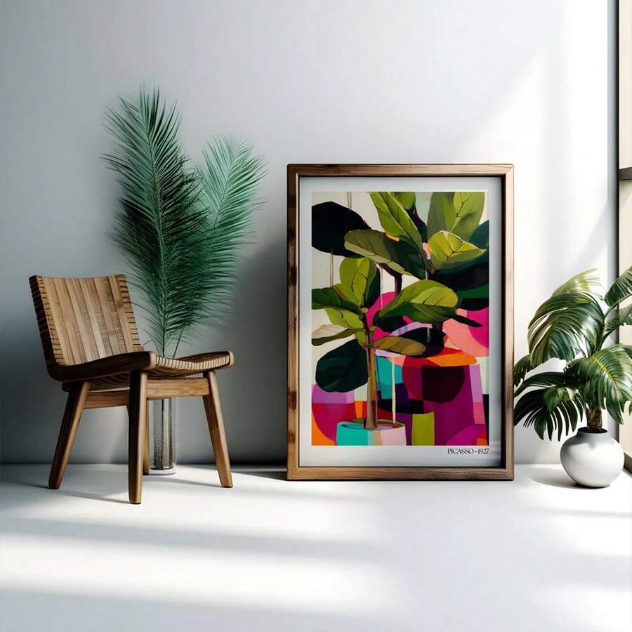 Colorful framed indoor plant wall art on wood console