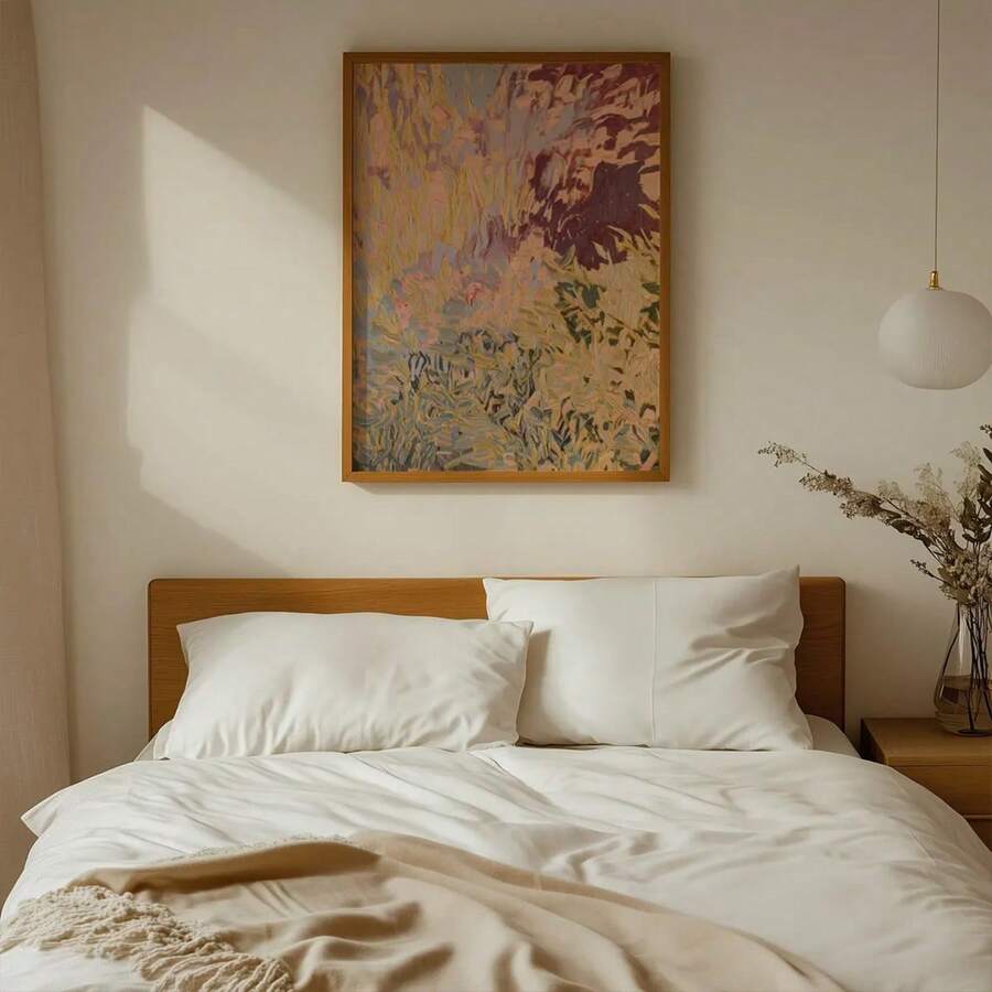 Colorful abstract wall art with blush peach sage cream and burgundy organic brushwork in framed display