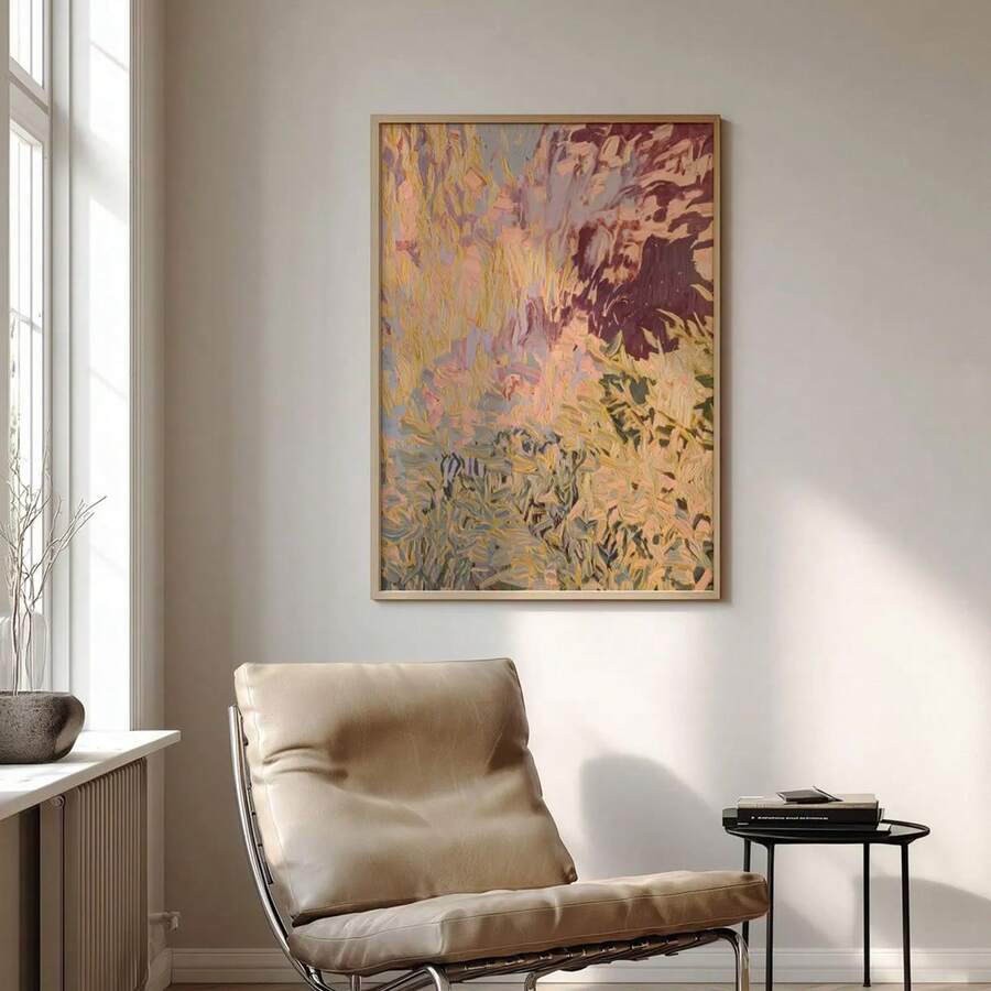 Colorful abstract wall art with blush peach sage cream and burgundy organic brushwork in framed display