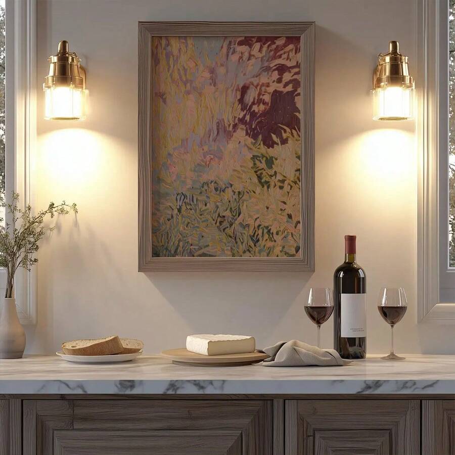 Framed abstract pastel oil painting poster with layered brush strokes above dining console