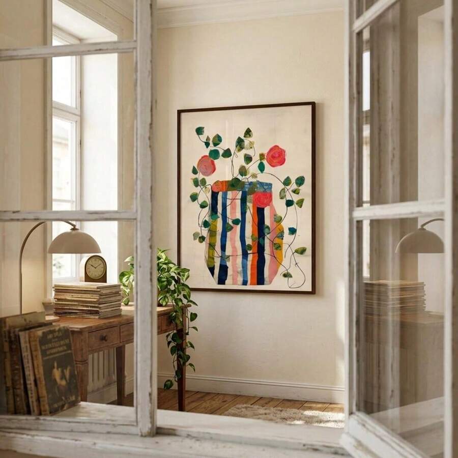 Rustic hallway mockup with floral vase canvas print