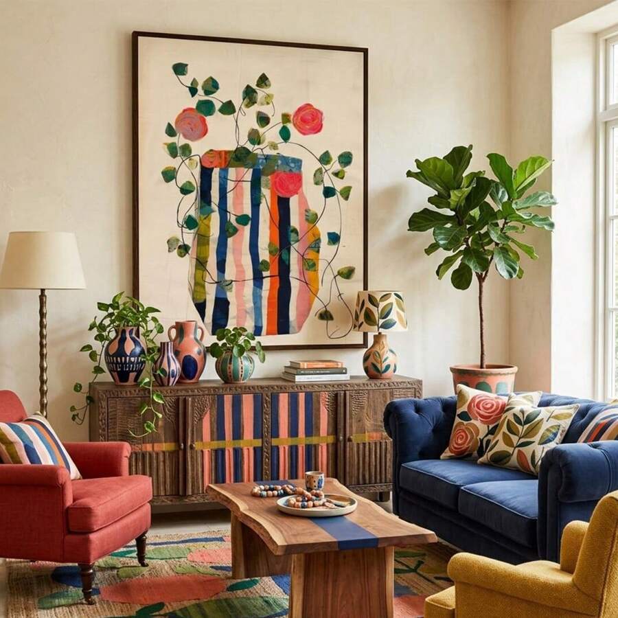 Floral vase print in dark frame above console table