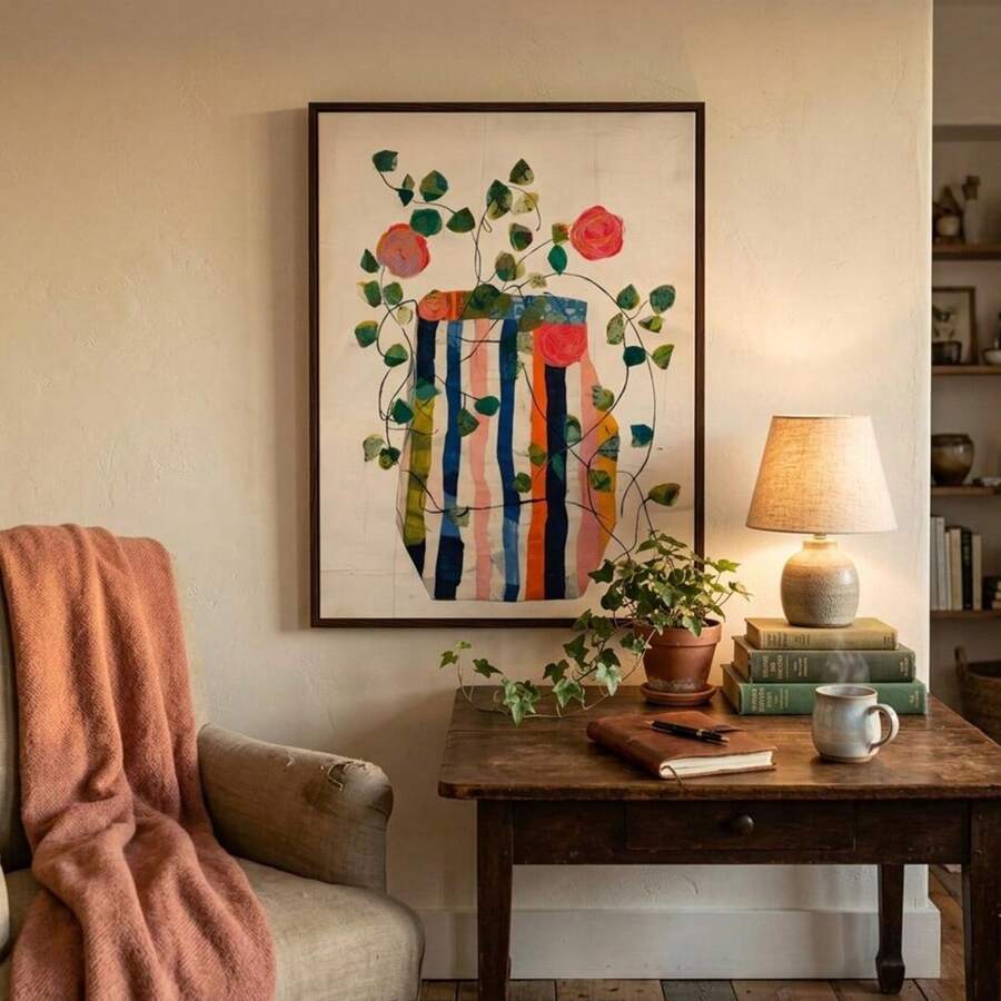 Retro botanical canvas print above bed in cozy room