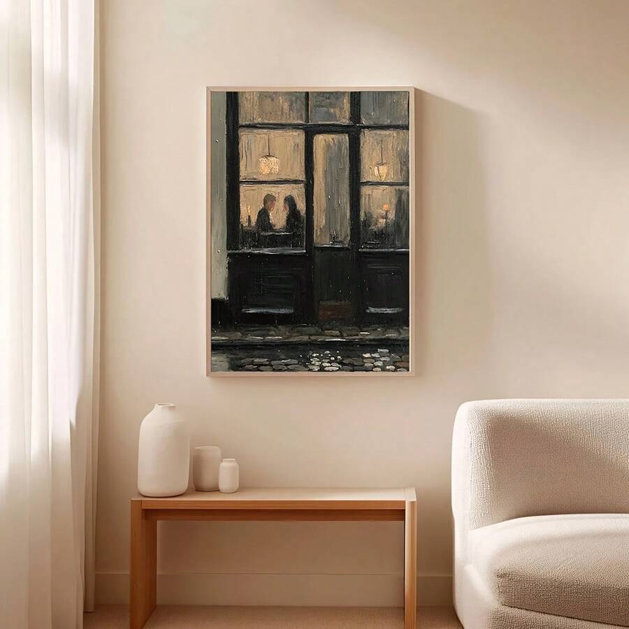 Moody framed cafe window wall art in ornate Parisian style room